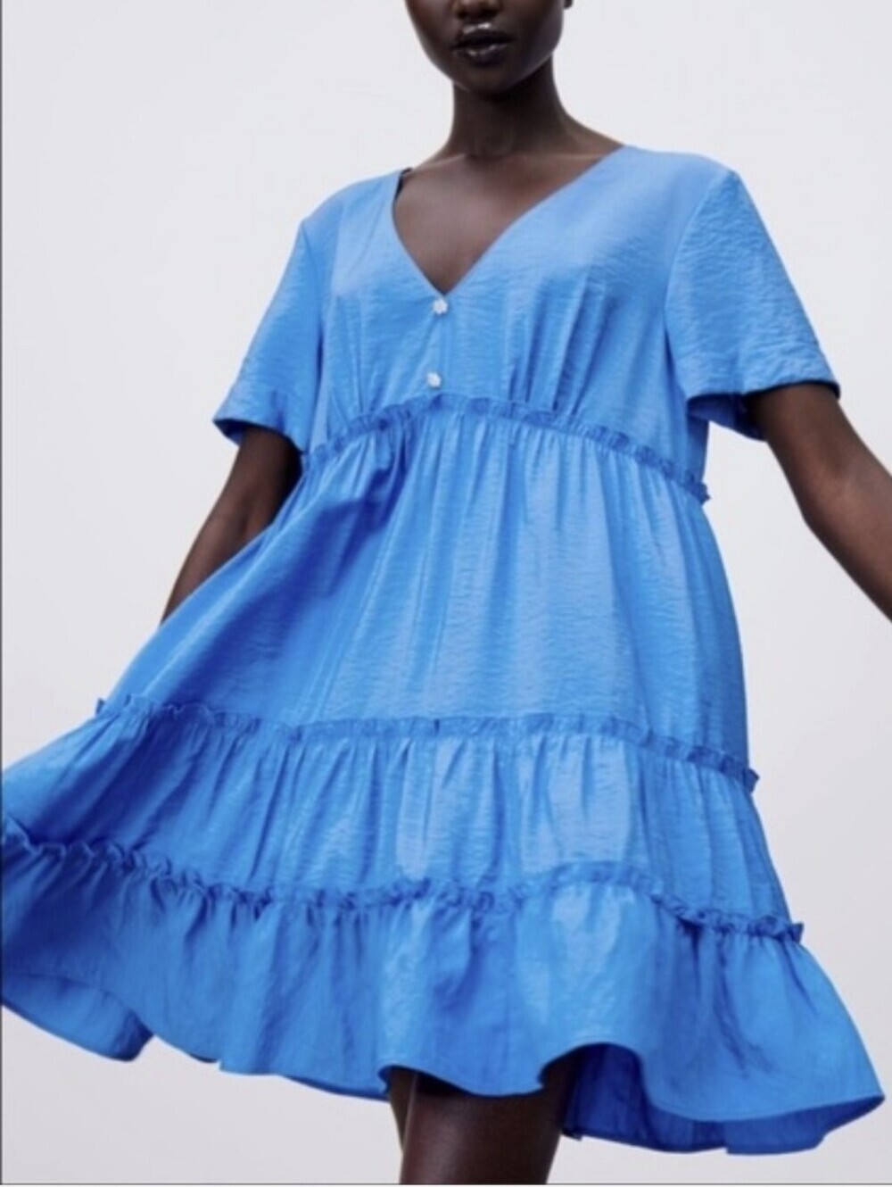 Zara Blue Tiered V Neck Dress - Picture 2 of 10